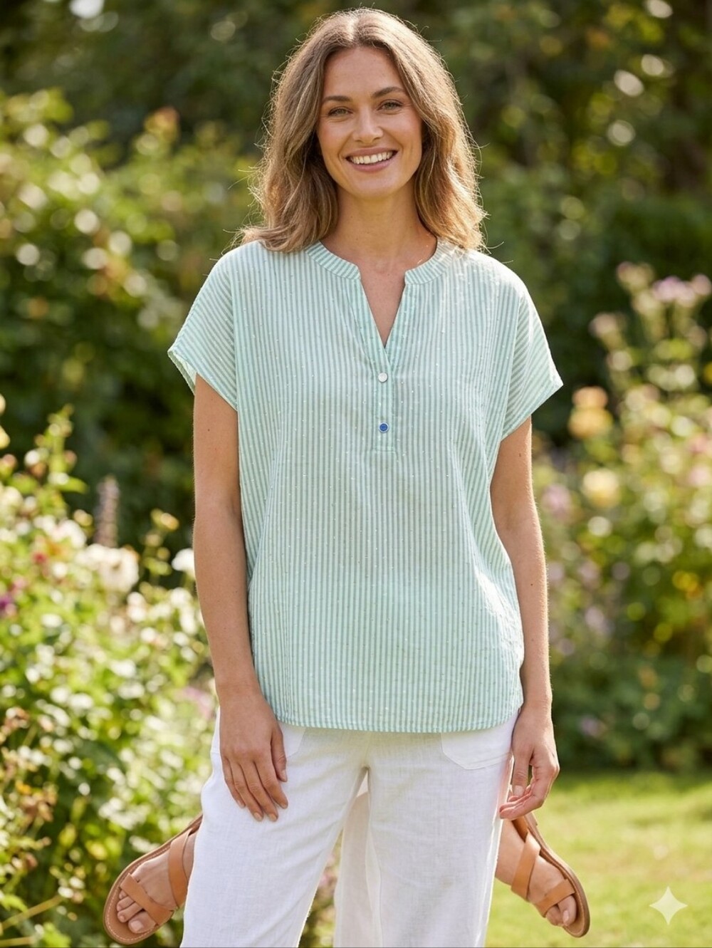 Lavish NWOT Green & White Striped Short Sleeve Sparkle Top, Size 2X